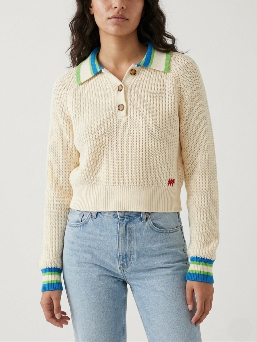 BDG Cropped Ribbed Henley Sweater Preppy Tenniscore Knit Size M